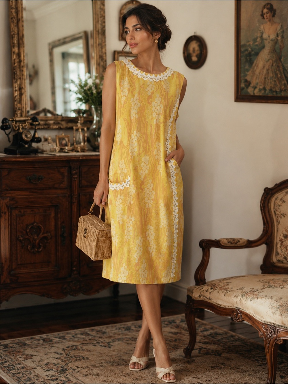 Vintage 1960’s Lilly Pulitzer The Lilly Yellow Lace Trim Sleeveless Shift Dress